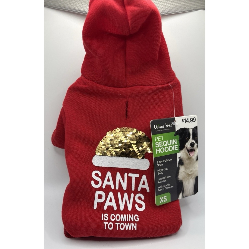 Unique Petz Dog Sequin Hoodie Jacket‎ Santa Paws Coming To Town XS Extra Small